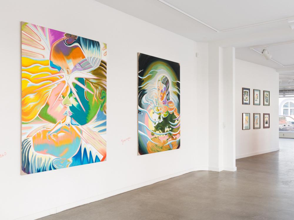 Installation view of the paintings "Yourope" (2023) and "The Kisses" (2023) by Martin Bigum